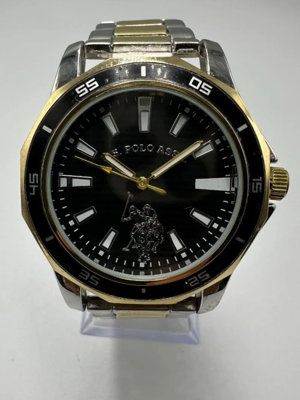 3/$30 US Polo Assn Watch Mens Silver Gold Two Tone Black Dial 4New Battery 8.25”